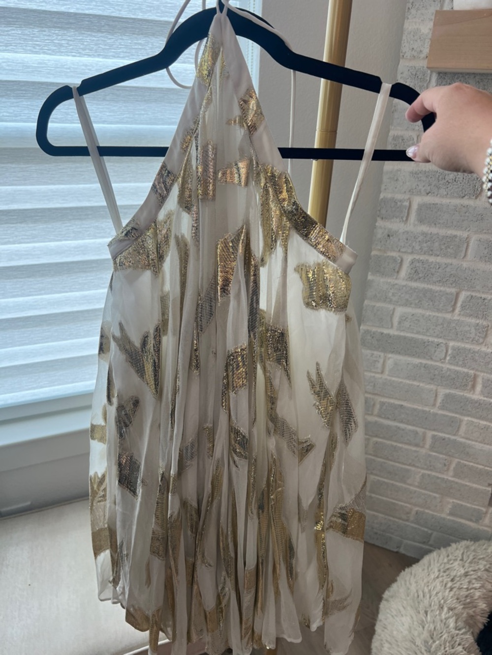 Anthropologie White Sheer Mini Dress with Gold Metallic Leaf Accents
